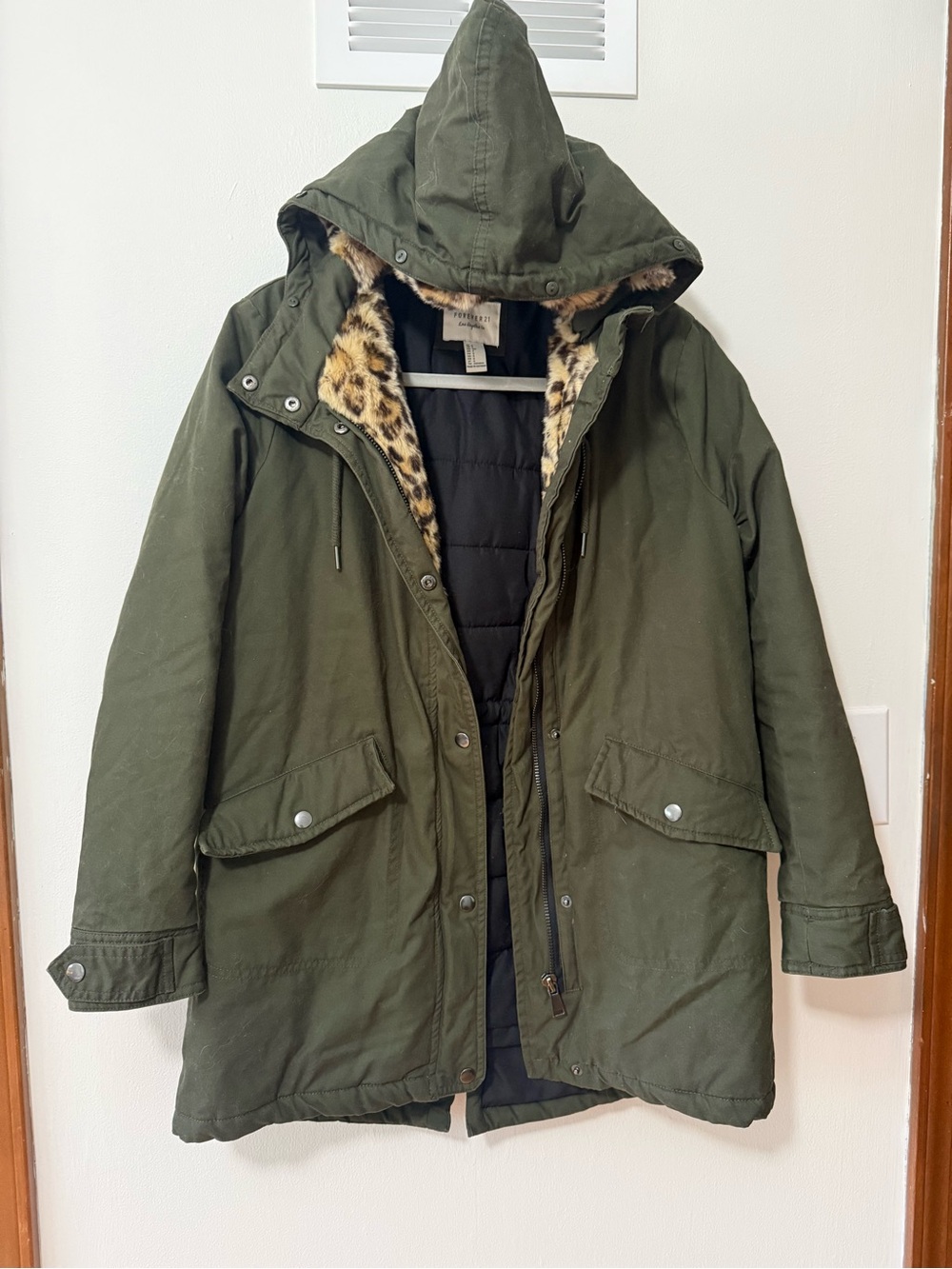 Forever 21 Olive Green Hooded Parka with Leopard-Print Faux Fur Lining